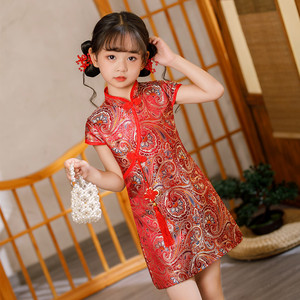 女童旗袍礼服唐装中国风中式古筝中国风红色新儿童服装连衣裙现代