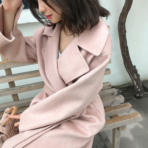 双面羊毛大衣女秋冬2018新款韩版系带中长款睡衣款羊绒双面呢粉色