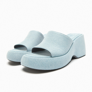ZA2023年夏季TRF新品女鞋蓝色牛仔坡跟凉鞋厚度增高松糕跟凉拖鞋