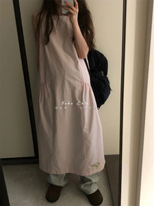 YUKA韩系24夏 温柔少女感 复古低调淡藕粉色 无袖长款连衣裙女