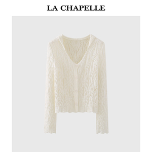 拉夏贝尔/La Chapelle米白连帽排扣菱格镂空针织开衫女气质上衣春