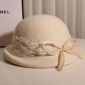 法式贝雷帽秋冬季纯羊毛圆顶蝴蝶结小礼帽时尚优雅气质短帽檐盆帽