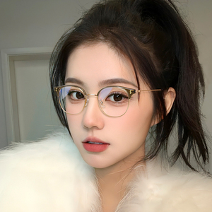 韩版潮橄榄绿猫耳半框眼镜女款金丝小框圆脸素颜神器近视可配度数