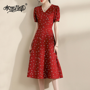 水墨青华时尚V领显瘦印花裙子新款夏季中长款红色连衣裙
