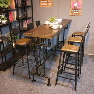 美式复古实木酒吧餐厅吧台桌家用长条高桌椅组合工业风咖啡厅桌子