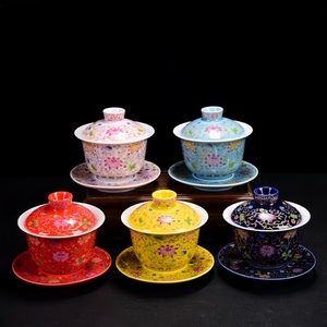景德镇中国风珐琅彩卷草纹三才盖碗茶杯高档陶瓷泡茶碗家用茶具