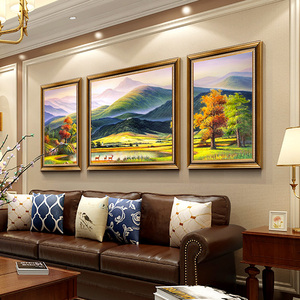 纯手绘油画美式沙发背景墙装饰画欧式客厅玄关三联挂画风景巨人山