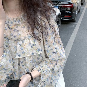 日本代购 法式碎花雪纺衫女洋气减龄小衫仙气春夏衬衫上衣