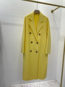 M家101801鹅黄色双面羊绒大衣女中长款高端系带双排扣羊毛外套冬