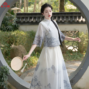 新中式旗袍女夏季新款日常可穿水墨印花改良民国风唐装禅茶服套装