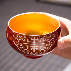 福州大漆漆器茶具纯手工浮雕茶杯单杯主人杯品茗杯茶盏24K鎏金盏