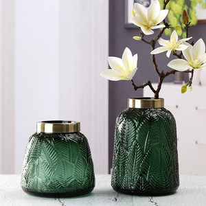 沁竹玻璃花瓶菠萝款干花插花客厅装饰铜圈现代北欧美式透明摆件