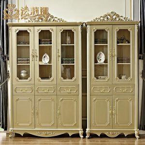 法莉娜欧式实木书柜法式二三门落地书橱客厅玻璃香槟金装饰柜 W32