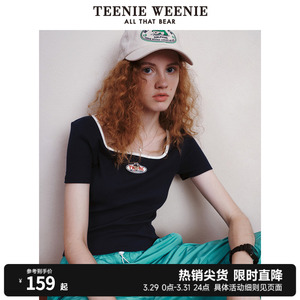 TeenieWeenie小熊U领条纹短袖T恤短款修身上衣ins风复古时尚洋气