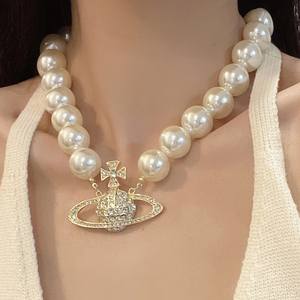 西太后vivienne大颗珍珠满钻土星吊坠项链高版本个性choker颈链女