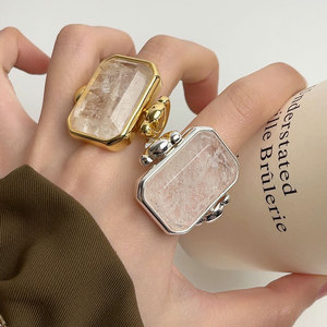 法国小众设计复古大颗方形水晶戒指中古vintage夸张方糖宝石指环