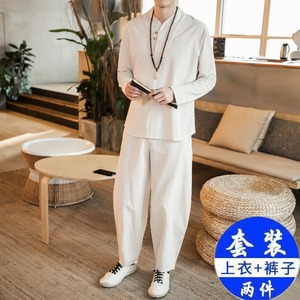 长袖长裤春秋季男汉服套装亚麻休闲两件套棉麻中国风复古青年衣服