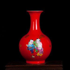 景德镇陶瓷器花瓶摆件七子中国红色插花家居客厅装饰品工艺品瓷瓶