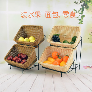 两层食品展示架仿藤编梯形篮子双层蔬菜面包水果篮筐子储物收纳架