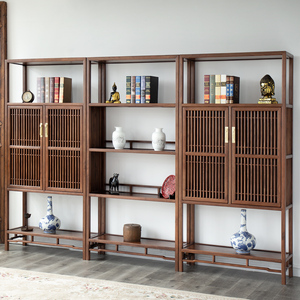 新中式全实木书柜书架 落地组合古典博古架 老榆木茶叶架简约置物
