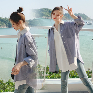 2019春季新款韩版假两件衬衫女学院风学生显瘦宽松长袖条纹上衣潮