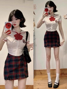 韩系JK制服套装夏季学院风红色条纹收腰衬衫纯欲辣妹包臀裙两件套