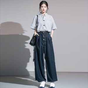 新中式轻国风盘扣衬衫洋气减龄时尚漂亮小个子棉麻亚麻套装裤女夏