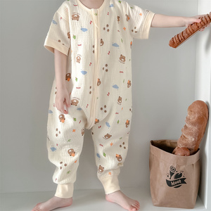 亲肤A类棉 宝宝四层双层棉纱连体睡衣0-7岁小孩夏季短袖卡通睡袋3