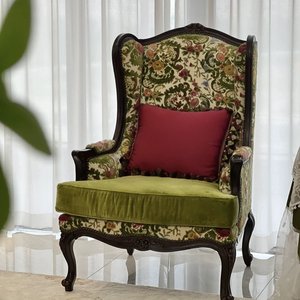 美式乡村实木高背老虎椅单人沙发休闲布艺雕花法式复古做旧欧式