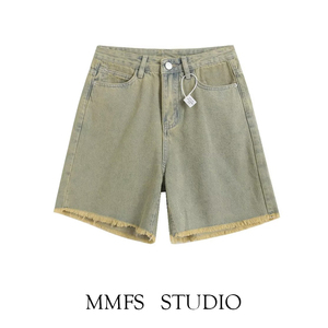 MMFS外贸原单正品尾货剪标女装复古亮色水洗柔软毛边牛仔短裤
