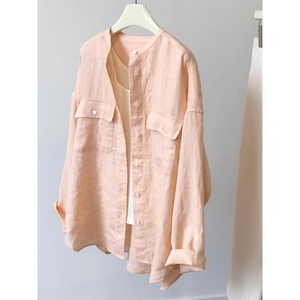 橘粉色高级感小立领棉麻衬衫女2024年韩系设计感宽松百搭防晒外套