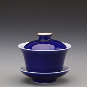 上海博物馆一九六二年霁蓝釉三才盖碗古玩收藏五六七厂货仿古茶具