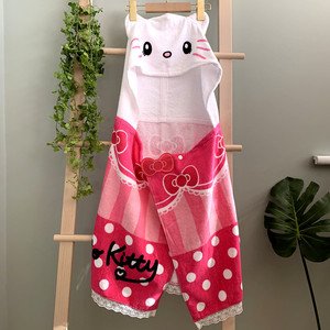 日本外贸新款儿童浴袍宝宝浴巾卡通造型沙滩毛巾袍子带帽浴披猫咪