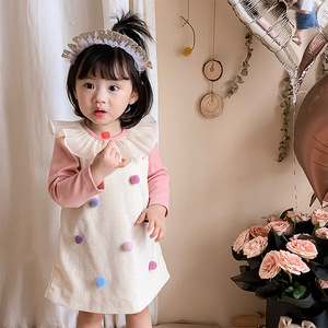 婴儿背带裙ins秋季韩版女宝宝毛球条绒连衣裙打底衫洋气俩件套装