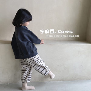 宁麻豆韩国代购进口童装男童女童条纹质感棉质幼儿园休闲裤，燕麦