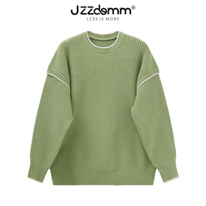 九州诚品/JZZDEMM抹茶绿间色边毛衣女宽松大码坑条显瘦减龄套头衫