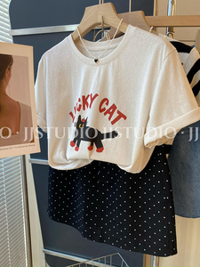 韩系小猫！韩国东大门气质圆领时髦字母卡通短袖T恤女2024夏季新