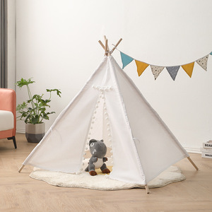 新款印第安儿童帐篷室内游戏屋可折叠男孩女孩玩具白色毛球小帐篷
