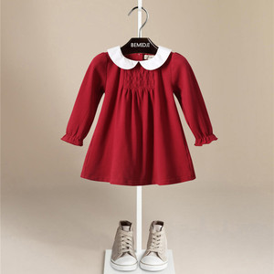 女童红色长袖连衣裙纯棉周岁女宝宝红裙礼服春季婴幼儿公主裙洋气