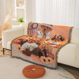 外贸原单复古做旧小熊盖毯装饰挂毯单人沙发巾沙发毯子线毯桌布
