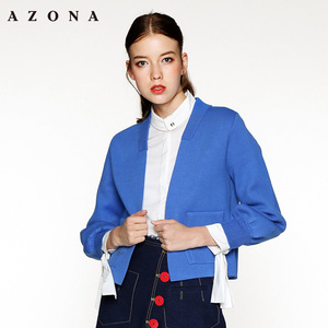 AZONA/阿桑娜新款2017净色秋冬保暖口袋短款针织外套
