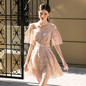 越南设计师夏季新品连衣裙重工蕾丝刺绣花边质感收腰显瘦短裙礼服