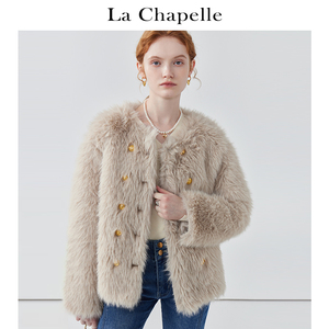 拉夏贝尔/La Chapelle圆领双排扣毛毛外套女气质保暖加厚上衣春季