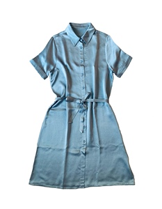 新款真丝珍珠缎连衣裙雾霾蓝方领开衫中长款衬衫裙优雅气质
