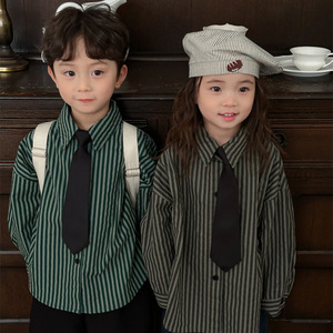 韩国儿童春季新款竖条纹长袖衬衫男女童港风复古衬衣送领带防晒衣
