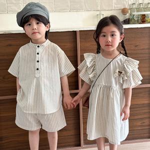 儿童夏季两件套男童短袖条纹衬衫新款宝宝纯棉女童连衣裙兄妹套装