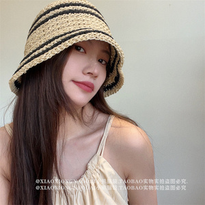 韩版帽子女休闲条纹遮阳帽时尚圆顶度假沙滩帽可折叠草帽渔夫帽潮