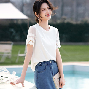 气质欧根纱花边白色上衣女士夏季新款时尚设计感拼接袖子短袖T恤