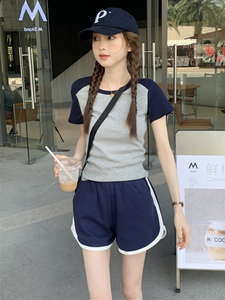 韩系学院风休闲运动服套装女夏季学生修身显瘦短袖短裤跑步两件套