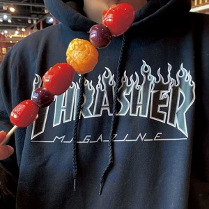 【新款配色】Thrasher 美版 限定暗黑黑火焰加绒卫衣帽衫情侣同款